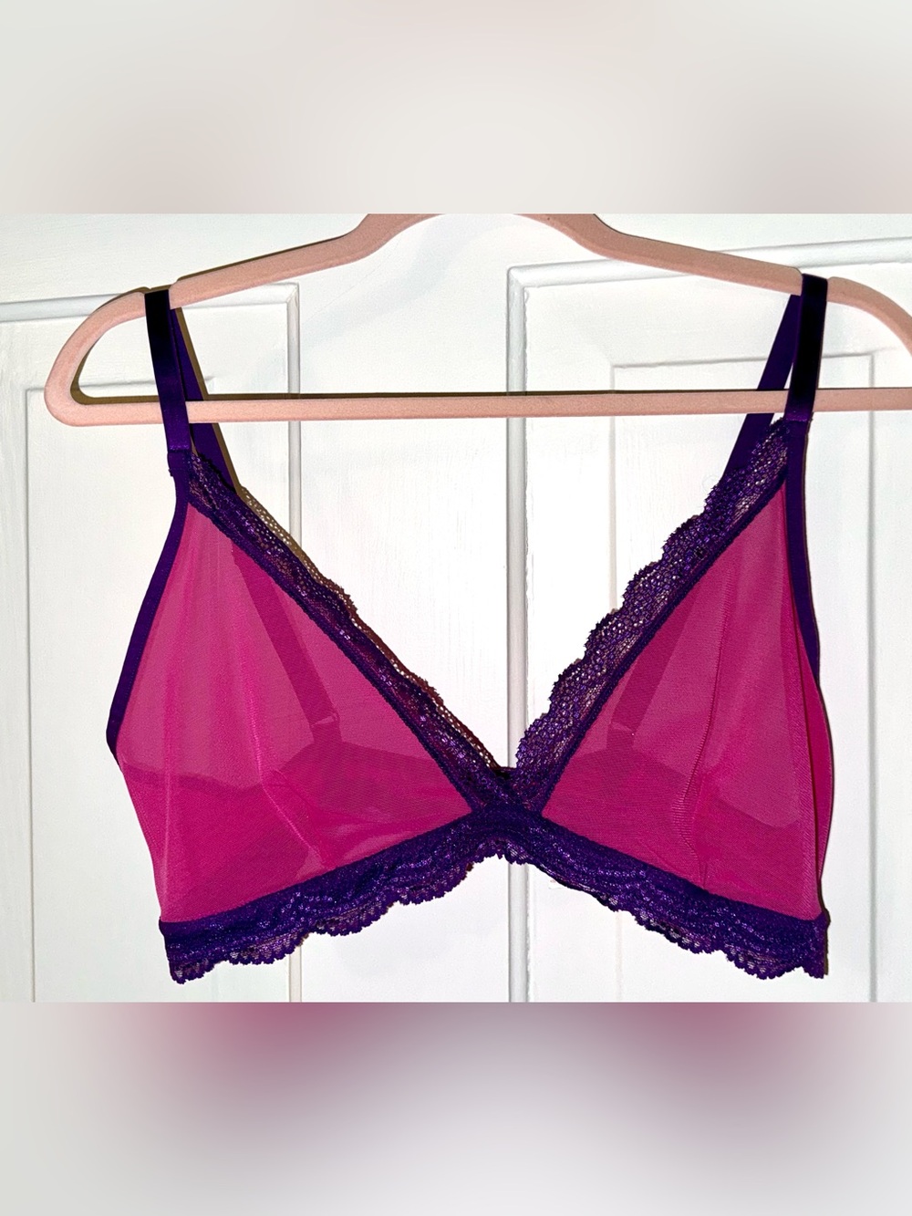 Stripe & Stare Sheer Lace Trim Bralette in Fuchsia and Purple